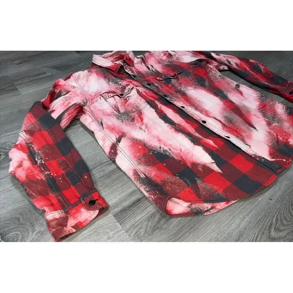 Franklin Flannels Shirts Size L Red Plaid Bleach Button Up Long Sleeve Upcycled - Picture 4 of 10
